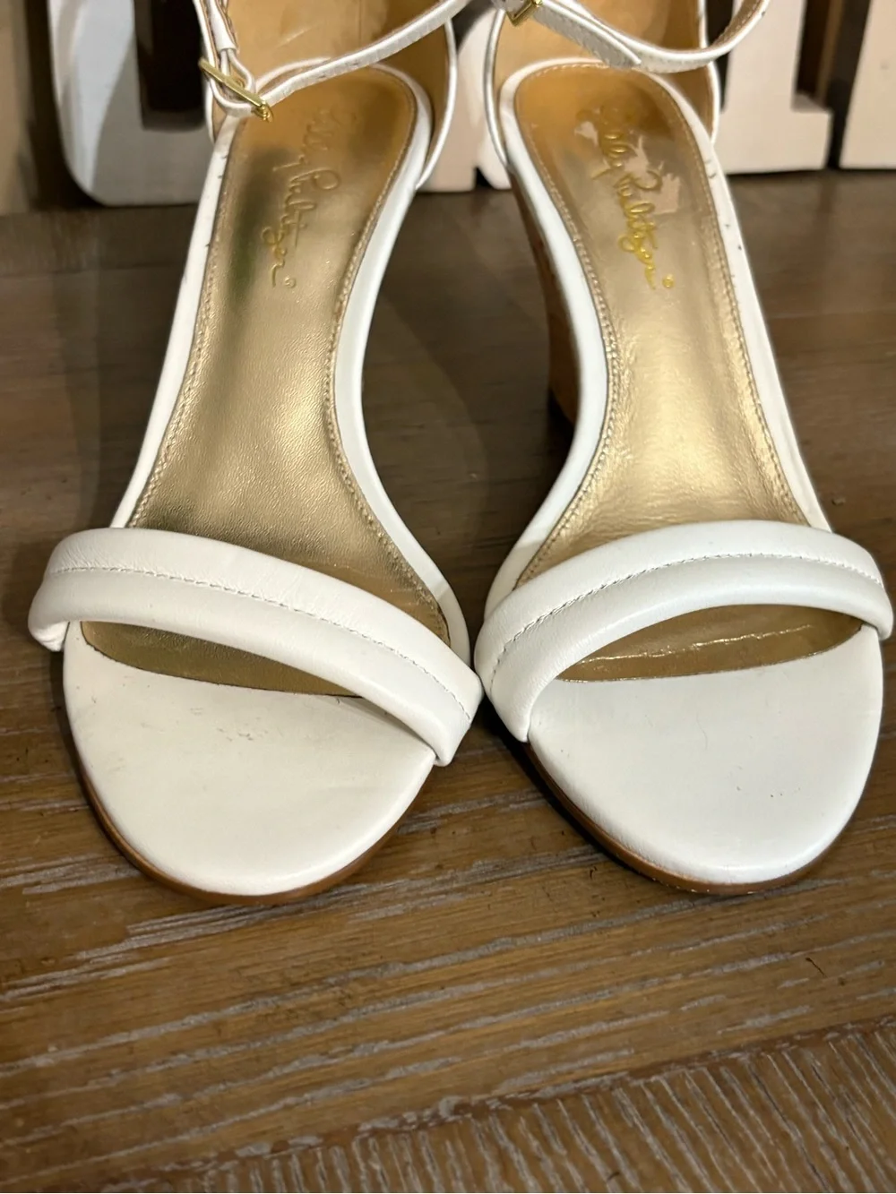 Lilly Pulitzer Jenna Wedge Resort White Ankle Strap Sandals Cork Wedge Size 6.5M